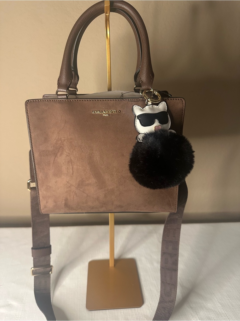 Karl Lagerfeld Brown Suede Top-Handle Satchel with Pom-Pom Charm